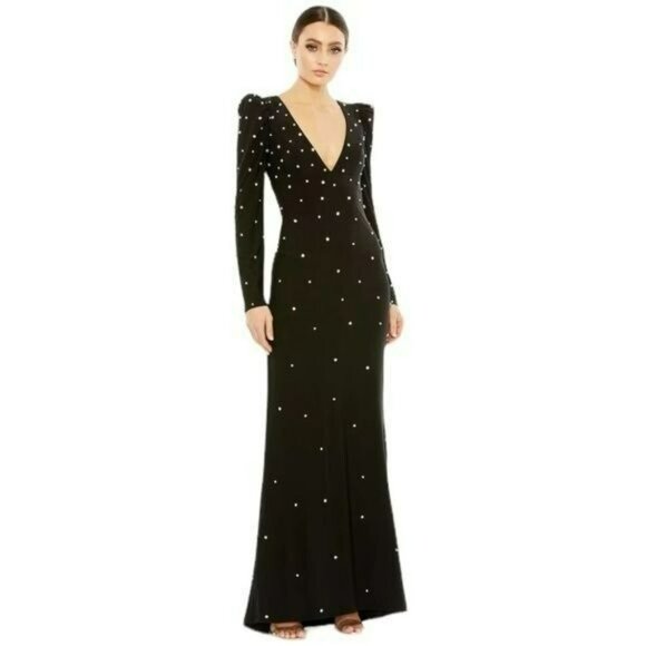 Mac Duggal $598 Black Long Sleeve Rhinestone Formal Jersey Maxi Gown Long Dress - Picture 1 of 11